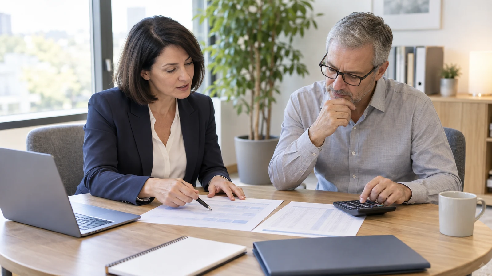 Deux professionnels examinent un budget et un programme de formation avec une calculatrice
