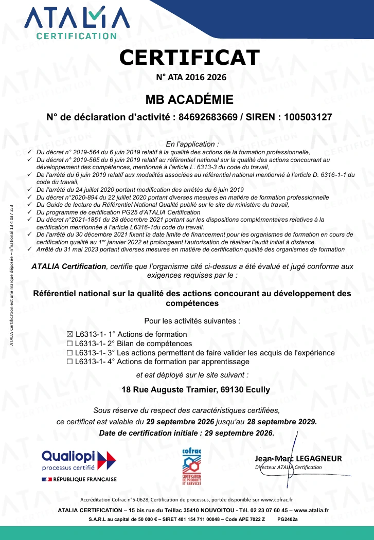 Certificat Qualiopi de MB Académie délivré par Atalia Certification, numéro ATA 2016 2026