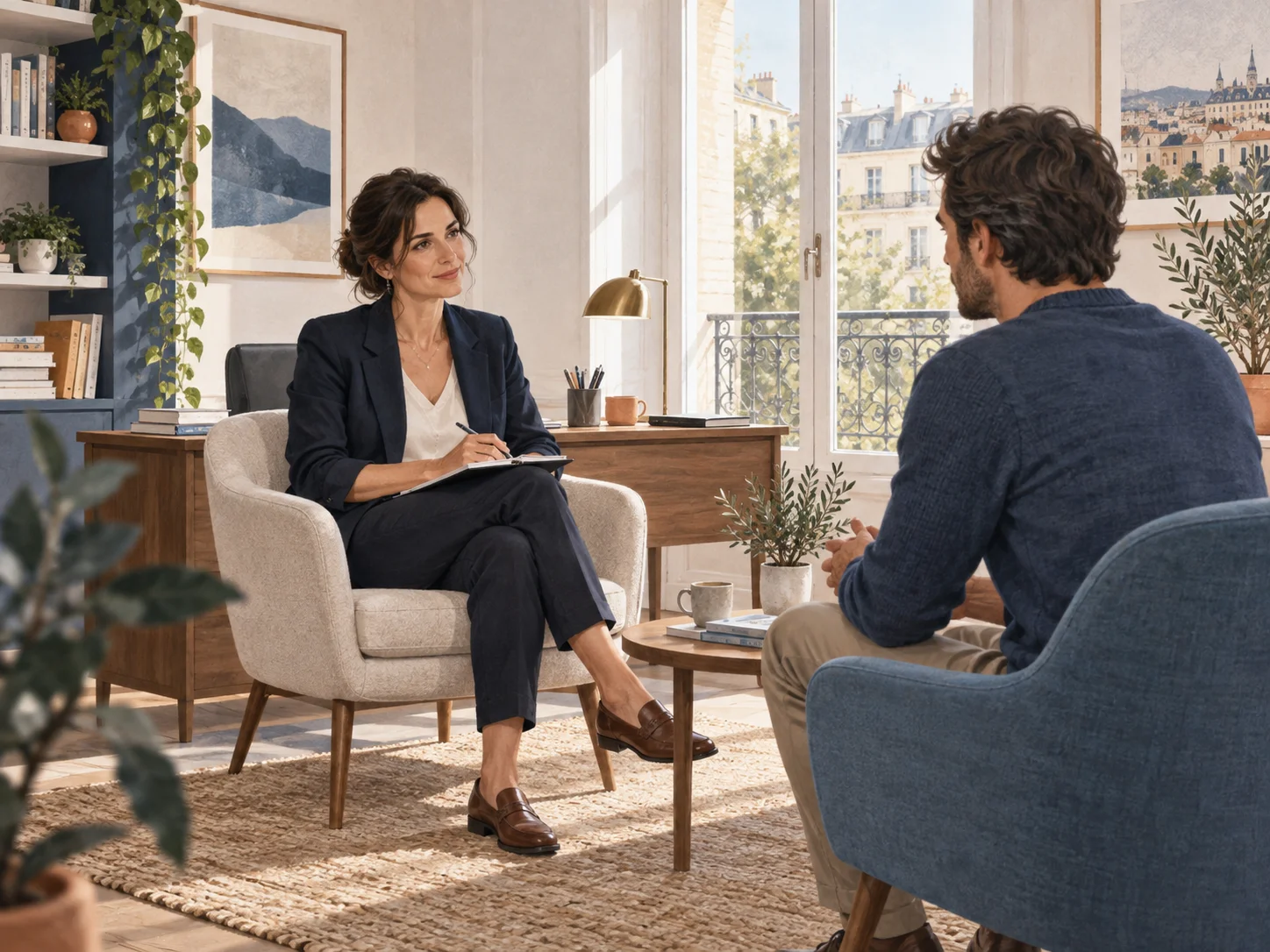 Illustration : un professionnel reçoit une personne dans son cabinet.